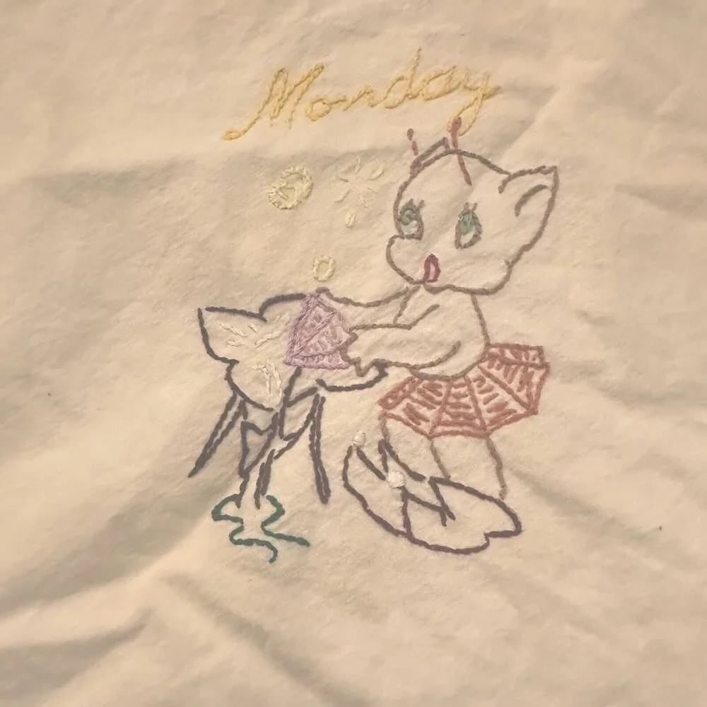 2 Dish Tea Towel Set Embroidered Days of the Week Pixie Elves Anthropomorphic